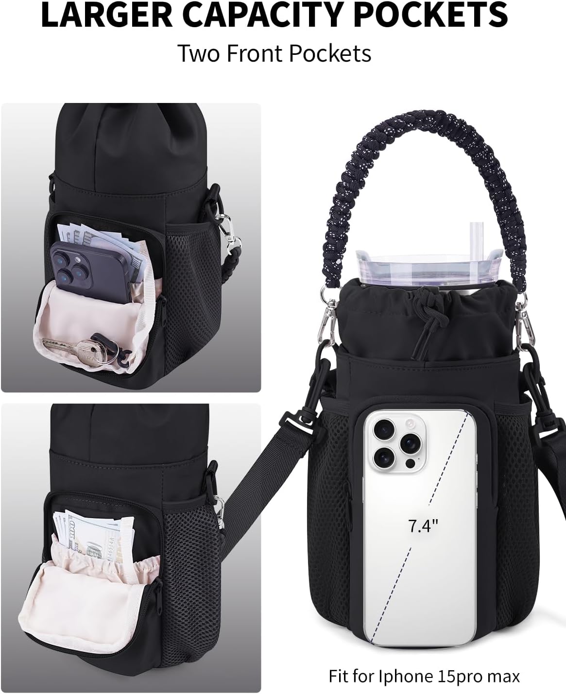 sportsnew Large Water Bottle Bag for 32/40/64oz Cup & Tumbler,Crossbody Insulated Cup Sleeve Bottle Holder Carrier with Strap