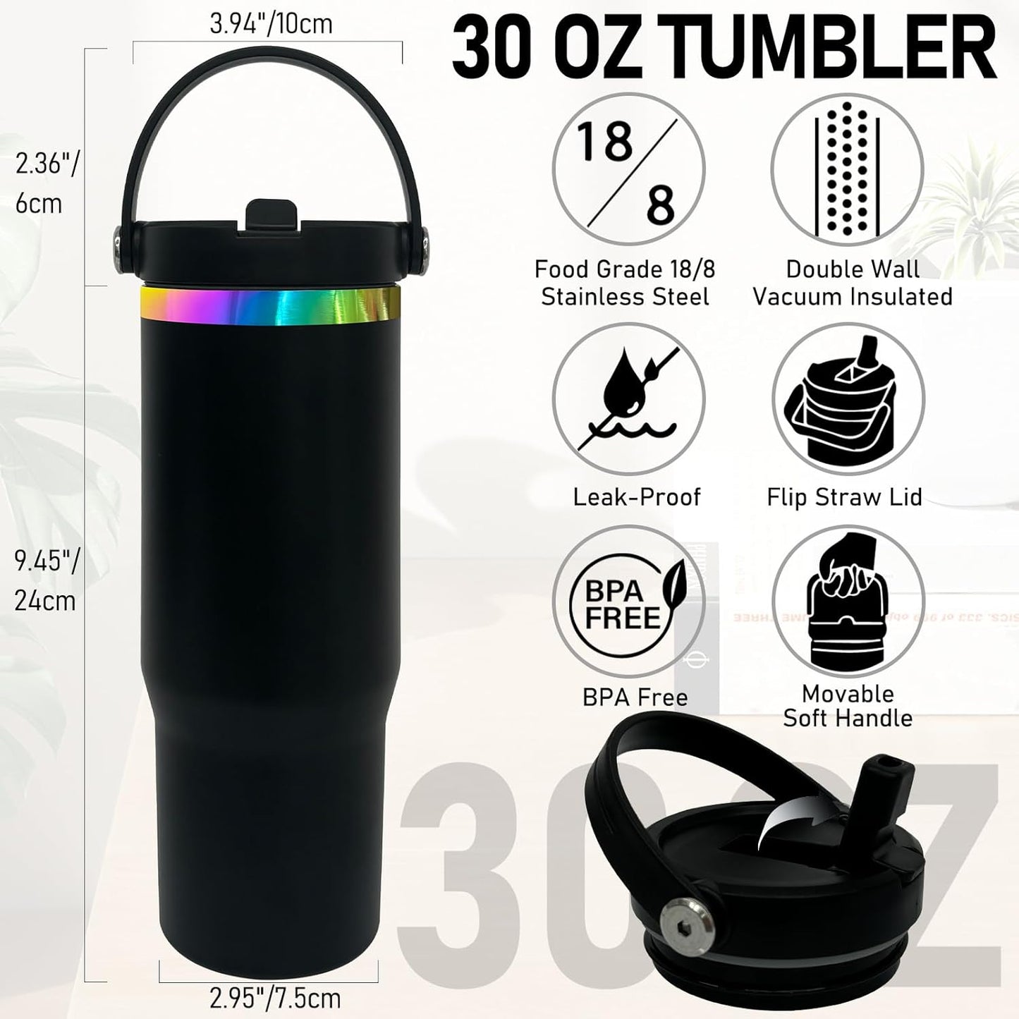 30 oz Tumbler Bulk with Handle and Straw, Vacuum Insulated Tumblers with Flip Straw and Top Handle, Leakproof Powder Coated Tumbler, Stainless Steel Travel Mug for Coffee (Black, 1 Pack)