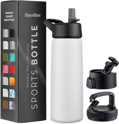 FineDine Water Bottle - Stainless Steel Insulated Water Bottle with Straw Lid, Flip Lid & Wide-Mouth Cap - Keeps Hot and Cold - 25 Oz / 739ml - Dreamy Purple