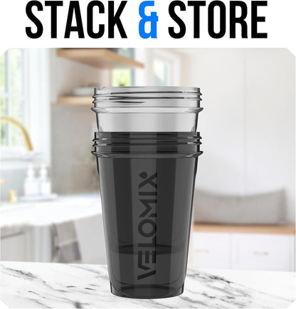 VELOMIX -2 Pack- 20 oz Protein Shaker Bottles for Protein Mixes - 2x Wire Whisk | Leak Proof Shaker Cups for Protein Shakes and Pre Workout | Protein Shaker Bottle Pack (Black/Transparent)