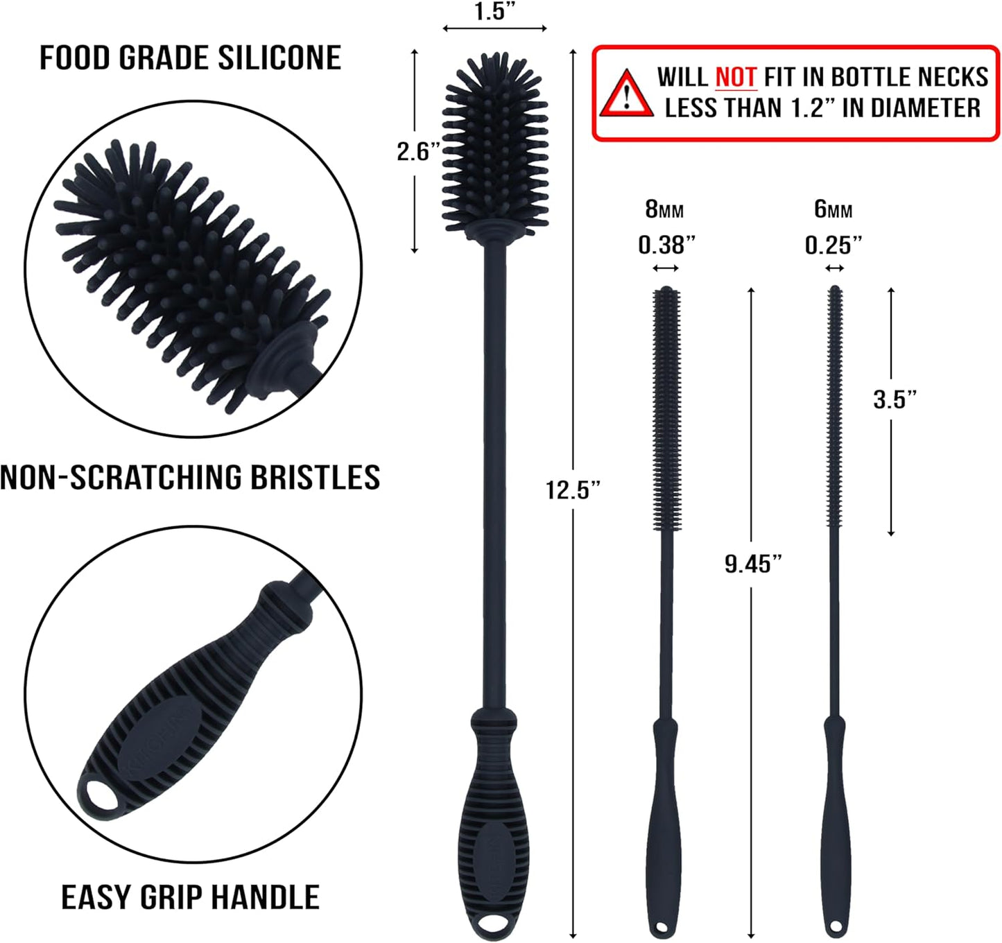 Kitchiny Silicone Bottle Brush with 2 Straw Cleaners - 12.5” Water Bottle Cleaner Brush for Yeti, Hydro Flask, Owala, Stanley, Baby Bottles, Glassware, Vases & Narrow Neck Containers - Orange