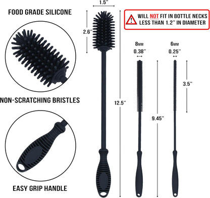 Kitchiny Silicone Bottle Brush with 2 Straw Cleaners - 12.5” Water Bottle Cleaner Brush for Yeti, Hydro Flask, Owala, Stanley, Baby Bottles, Glassware, Vases & Narrow Neck Containers - Orange