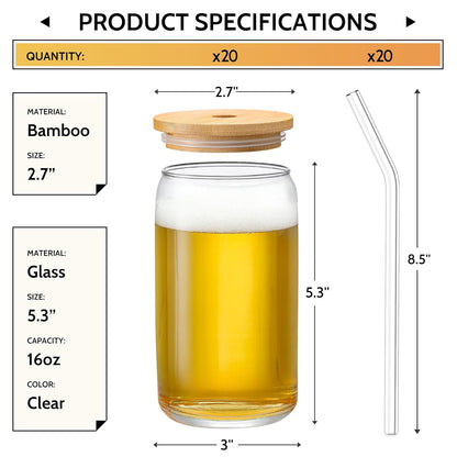 [ 12pcs Set ] Glass Cups with Bamboo Lids and Glass Straw - Beer Shaped Drinking Glasses, 16 oz Iced Coffee Glasses, Cute Tumbler Cup for Smoothie, Boba Tea, Whiskey, Water - 4 Cleaning Brushes