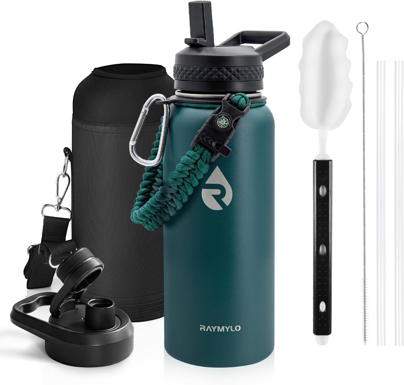 RAYMYLO One Gallon Water Bottle Insulated, Triple Walled Vacuum Stainless Steel (Cold for 48 Hrs), Leak Proof & Non-BPA, Large Water Flask Jug with Paracord Handle & Straw Spout Lids