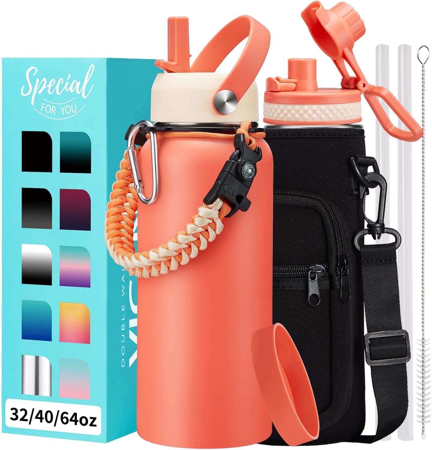 32/40/64OZ Insulated Water Bottle - Keep Cold 48H Hot 24H, Combo Straw/Spout Lids, Paracord Handle for Gym/Hiking, Carrier Bag +Strap, Cup Mat, BPA-Free Stainless Steel Flask Jug