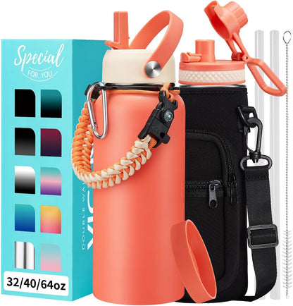 32/40/64OZ Insulated Water Bottle - Keep Cold 48H Hot 24H, Combo Straw/Spout Lids, Paracord Handle for Gym/Hiking, Carrier Bag +Strap, Cup Mat, BPA-Free Stainless Steel Flask Jug