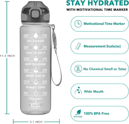 Enerbone 32 oz Drinking Water Bottle with Times to Drink and Straw, Motivational with Carrying Strap, Leakproof BPA & Toxic Free, Ensure You Drink Enough Water for Fitness Gym Outdoor
