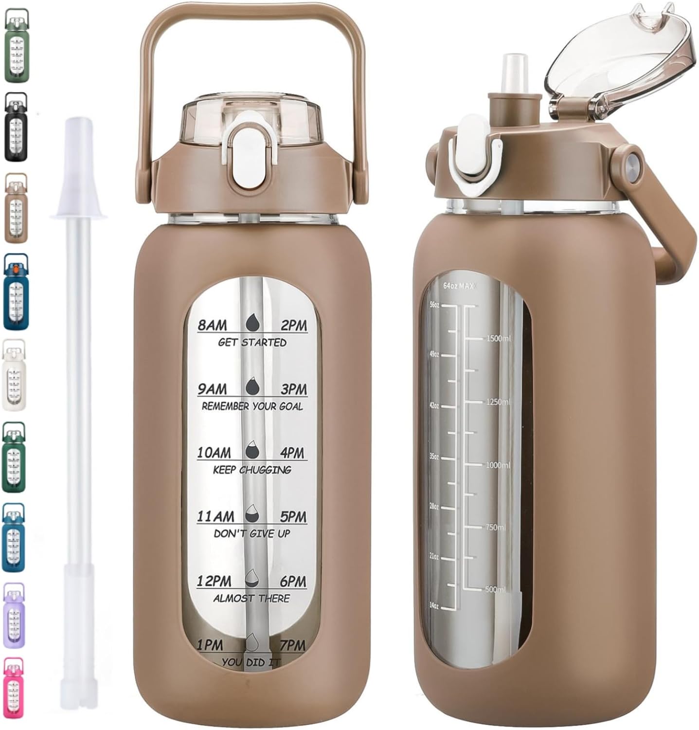 64oz Glass Water Bottles with Straw, Half Gallon Motivational Glass Bottle with Silicone Sleeve and Time Marker, 2L Leakproof Large Glass Water Jug for Gym Home Office,olive
