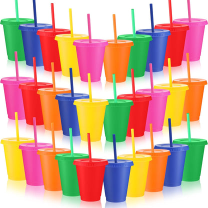Sieral 30 Pack Cups with Lids and Straws Kids Tumbler with Straw Reusable Water Bottle Iced Coffee Travel Mug Adults Plastic Cups for Parties 16 oz (Candy Colors)