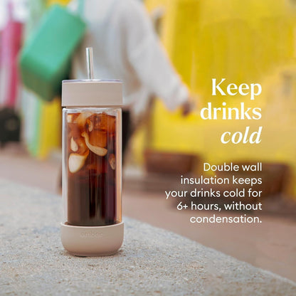 Ember Cold Tumbler 16 oz – Insulated Glass Iced Coffee Cup with Straw & Spill-Proof Lid, Keeps Drinks Cold, Eliminates Condensation, Modern Double-Wall Design, Sandstone