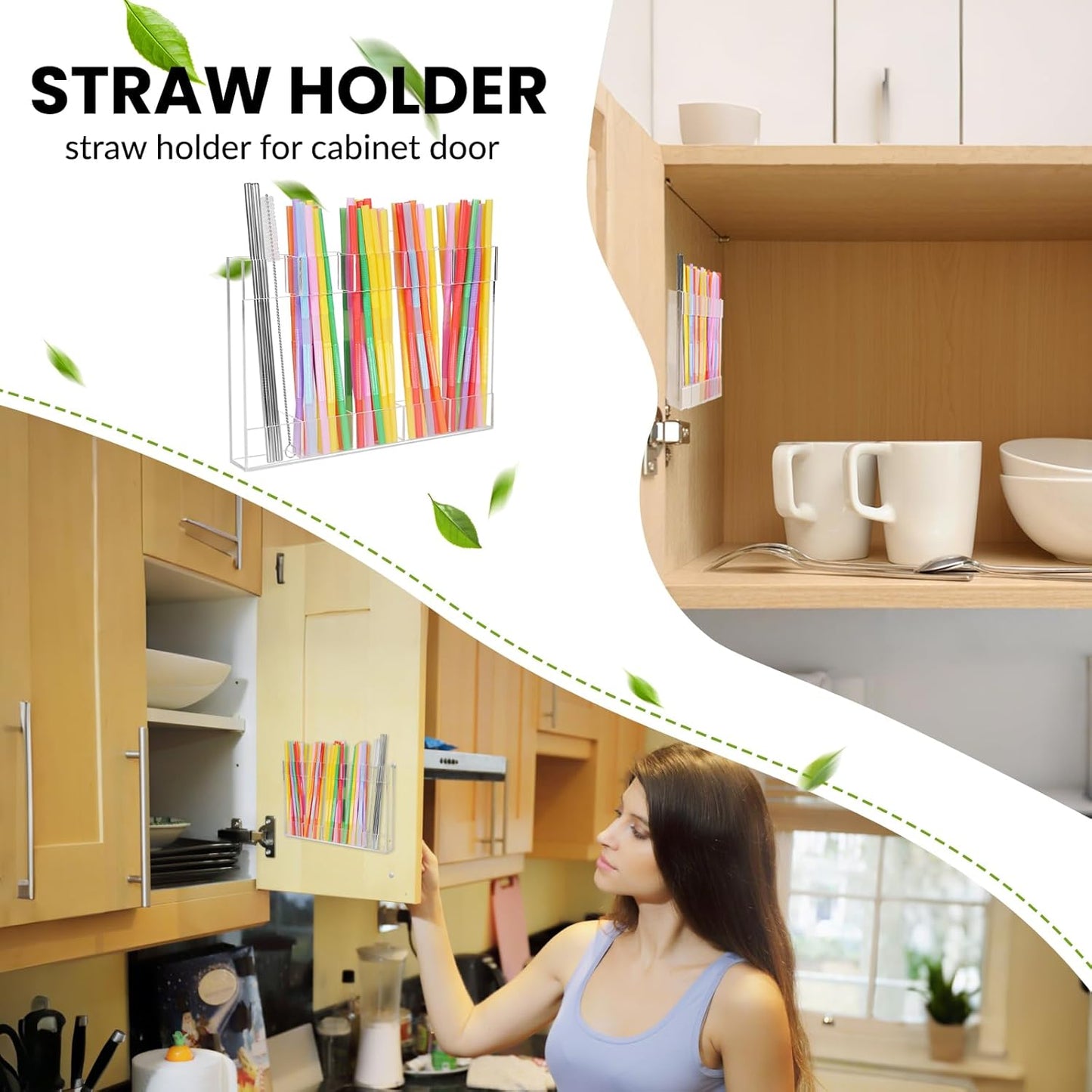 9.8” Large Acrylic Straw Holder for Cabinet Door - Reusable Straw Organizer Storage, Holds 80+ Straws, Ultra Sticky Adhesive Door Mounted, Kitchen Cabinet Accessories Container (Transparent)