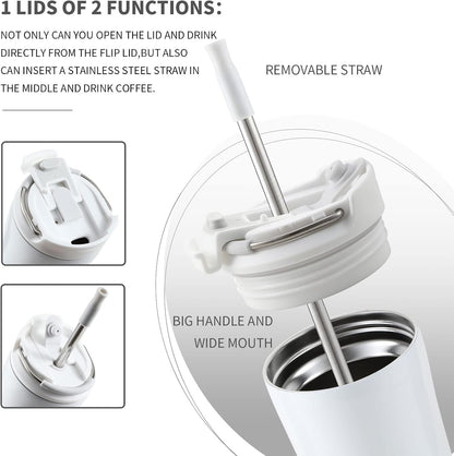 BOTTLE BOTTLE Coffee Tumbler with Dual-use Lid and Straw Double Walled Iced Travel Coffee Mug for Woman and Man 12 oz Stainless Steel Insulated Tumbler with Handle (blue)