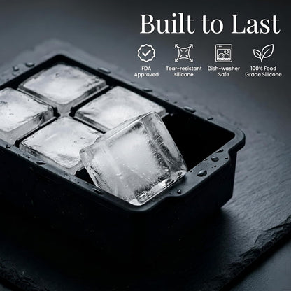 KitchFort Large Silicone Ice Cube Tray (2-Pack), Easy Release 2" Big Ice Cubes - Cocktail, Whiskey Ice Cubes Mold - Ice Trays for Freezer with Lid - Stackable Silicone Ice Tray - Black