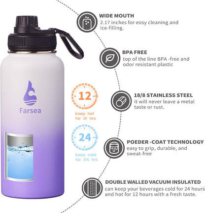 Farsea Insulated Water Bottle With Paracord Handle, Protective Silicone Boot and 2 Lids (Straw Lid & Spout Lid), Stainless Steel Water Bottle Wide Mouth, Double Wall Sweat-Proof BPA-Free, 24 oz