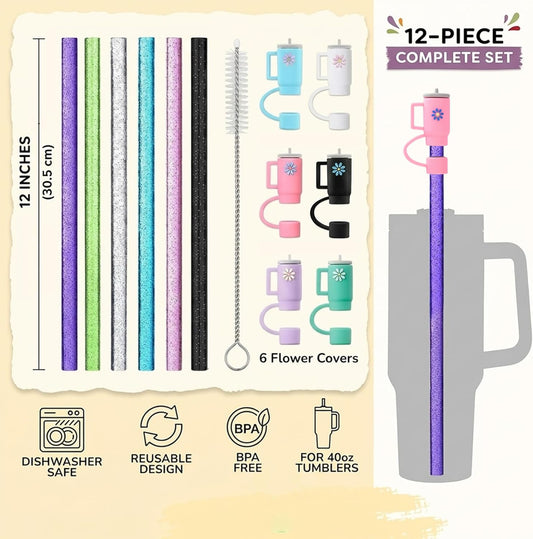 12 Pack Replacement Glitter Straws and Covers for 40 oz Stanley Adventure Travel Tumbler Cup, Reusable Glitter Straws with Cleaning Brush, Compatible with 40oz 30oz 20oz 14oz Stanley Water Jug, 12inch