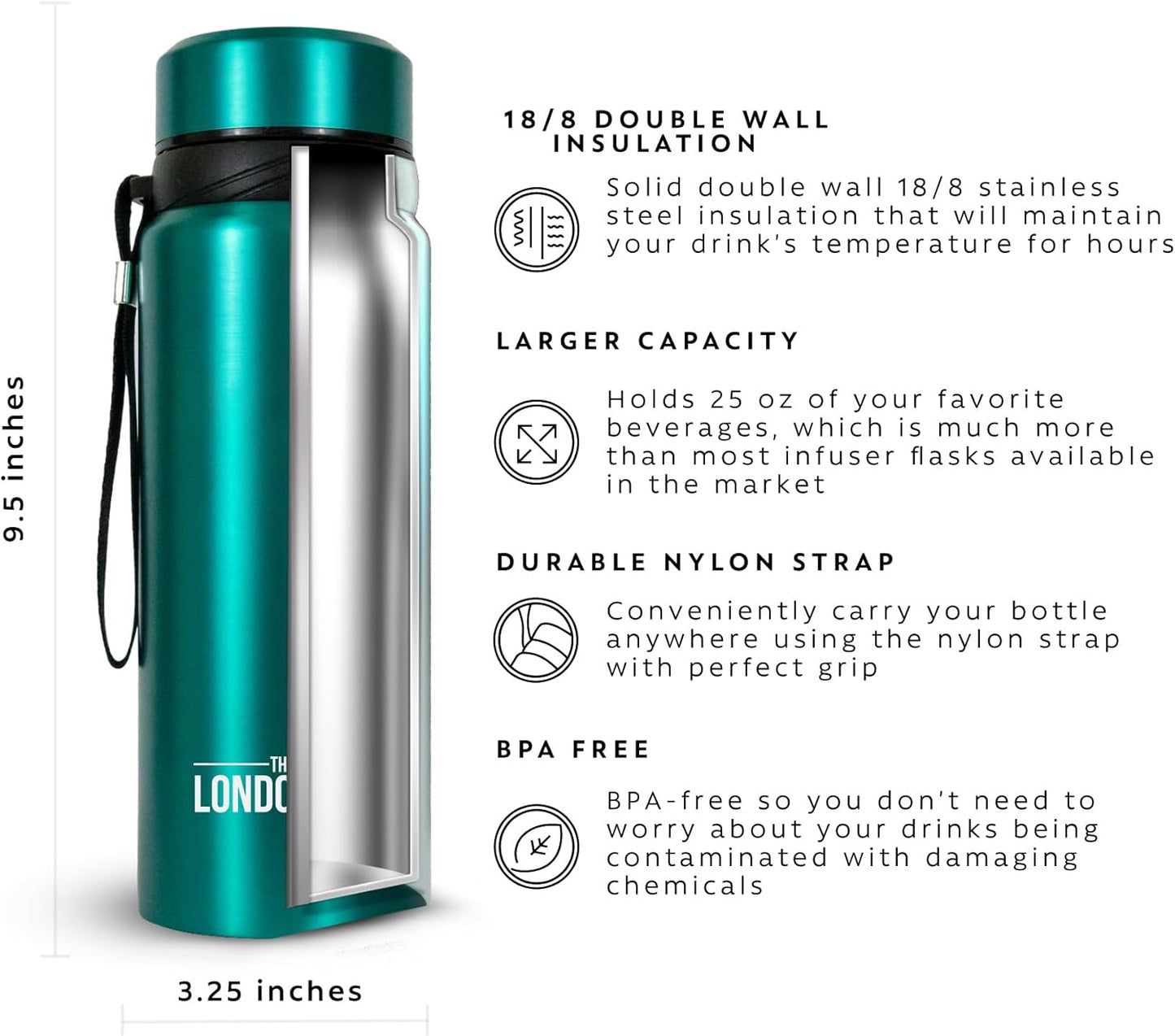 London Sip 25 oz Multi-Function Travel Mug and Tumbler Tea Infuser Water Bottle Fruit Infuser Flask Hot and Cold Double Wall Stainless Steel Coffee Thermos, Cosmic Silver