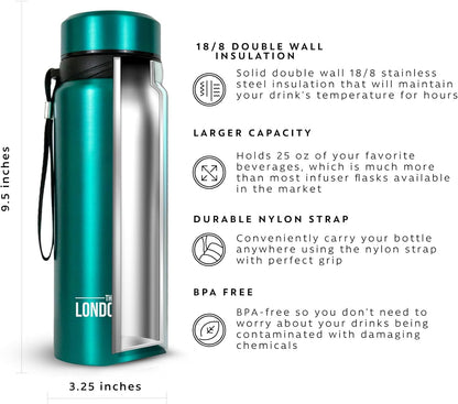 London Sip 25 oz Multi-Function Travel Mug and Tumbler Tea Infuser Water Bottle Fruit Infuser Flask Hot and Cold Double Wall Stainless Steel Coffee Thermos, Cosmic Silver