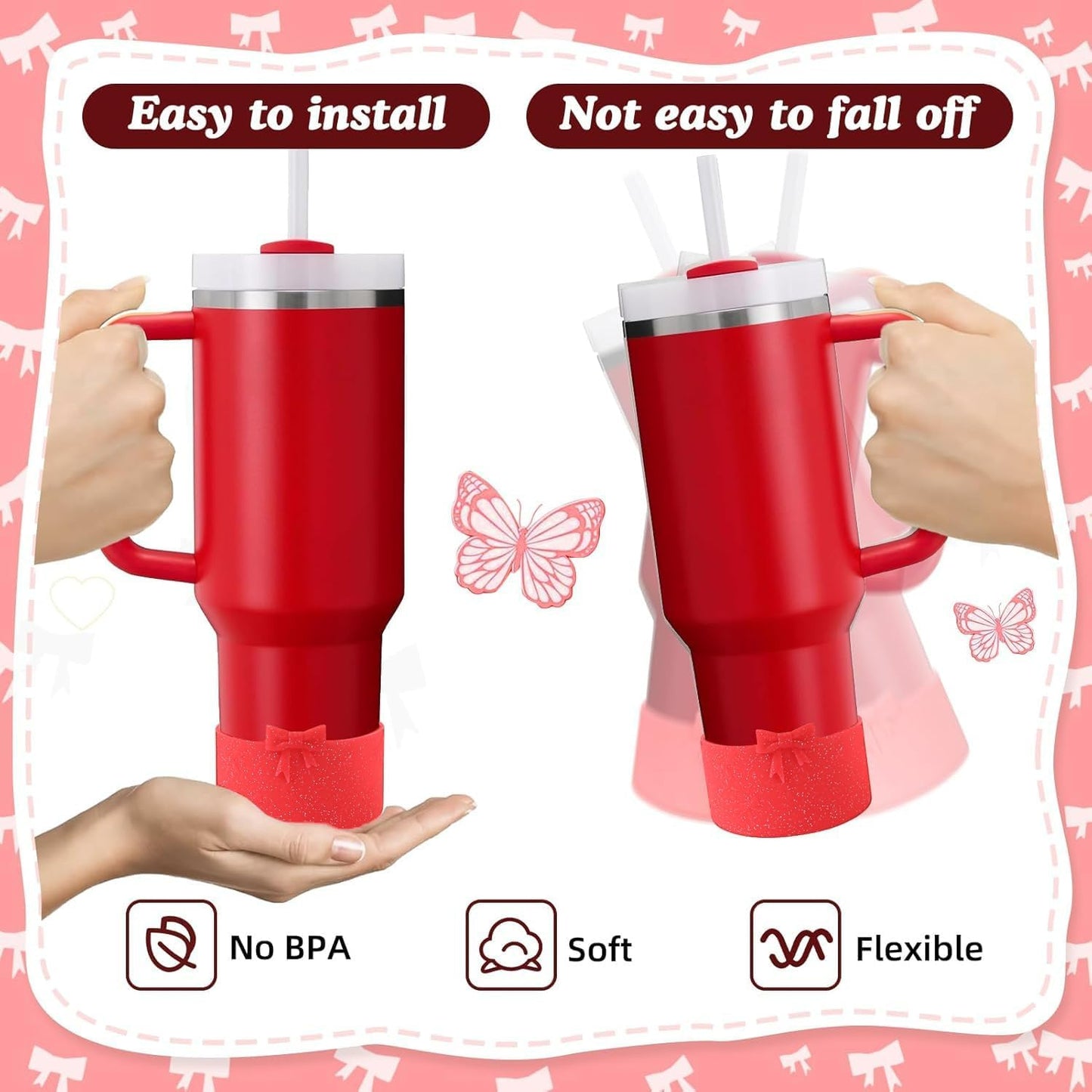 2PCS Bow Silicone Boot for Stanley Quencher Tumbler 30oz 40oz & IceFlow 20oz 30oz& Hydro Flask Water Bottle 12-24 oz Protective Bottom Sleeve Cover for Stanley Cup Accessories& Owala 24oz