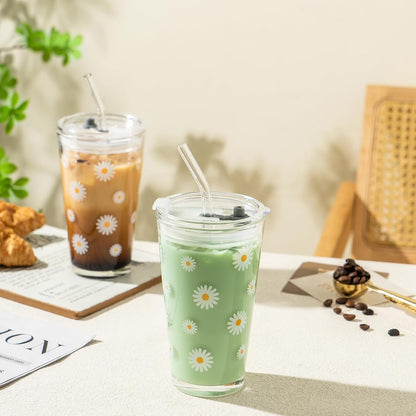 Olvini 15oz Glass Tumbler with Straw and Lid, Cute Iced Coffee Cups, Aesthetic Glass Cups, Coffee Tumbler, Water Cup, Matcha Cup, Drinking Glasses (Clear)