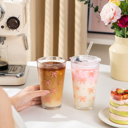 Olvini 15oz Glass Tumbler with Straw and Lid, Cute Iced Coffee Cups, Aesthetic Glass Cups, Coffee Tumbler, Water Cup, Matcha Cup, Drinking Glasses (Clear)