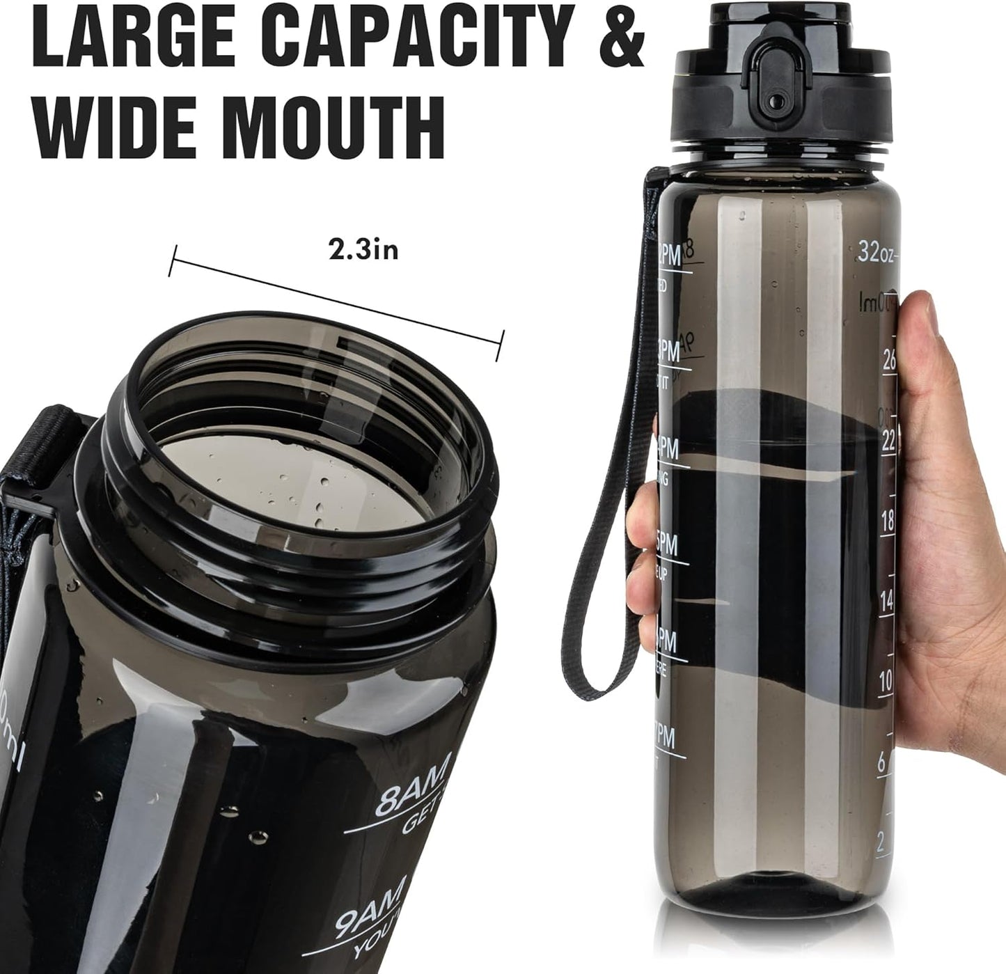 OLDLEY Water Bottle, 32oz Motivational Sports Water Bottle with Time Marker - Times to Drink - Tritan, BPA Free, Wide Mouth Leakproof, Clear (1 Bottle)