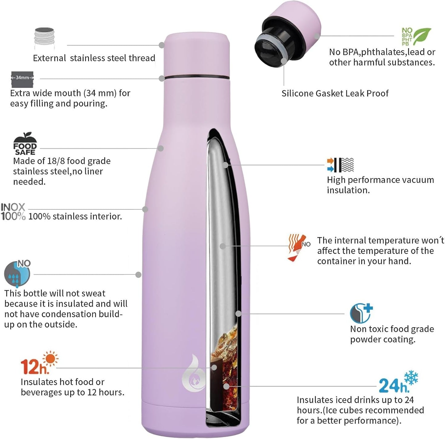 BJPKPK Insulated Water Bottle 12oz Small Stainless Steel Water Bottles Reusable Metal Thermal Keep Cold and Hot,Dreamy Purple - Colors A