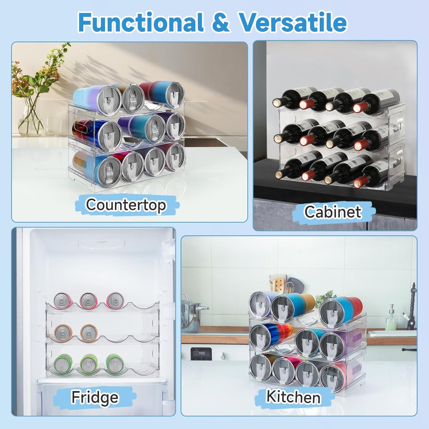 Large Compartment Water Bottle Organizer,4 Tier Stackable Water Bottle Rack for Cabinet,Tumbler Storage Organizer for Kitchen,Fridge,Cabinet Organization and Storage,Clear Water Bottle Storage Rack