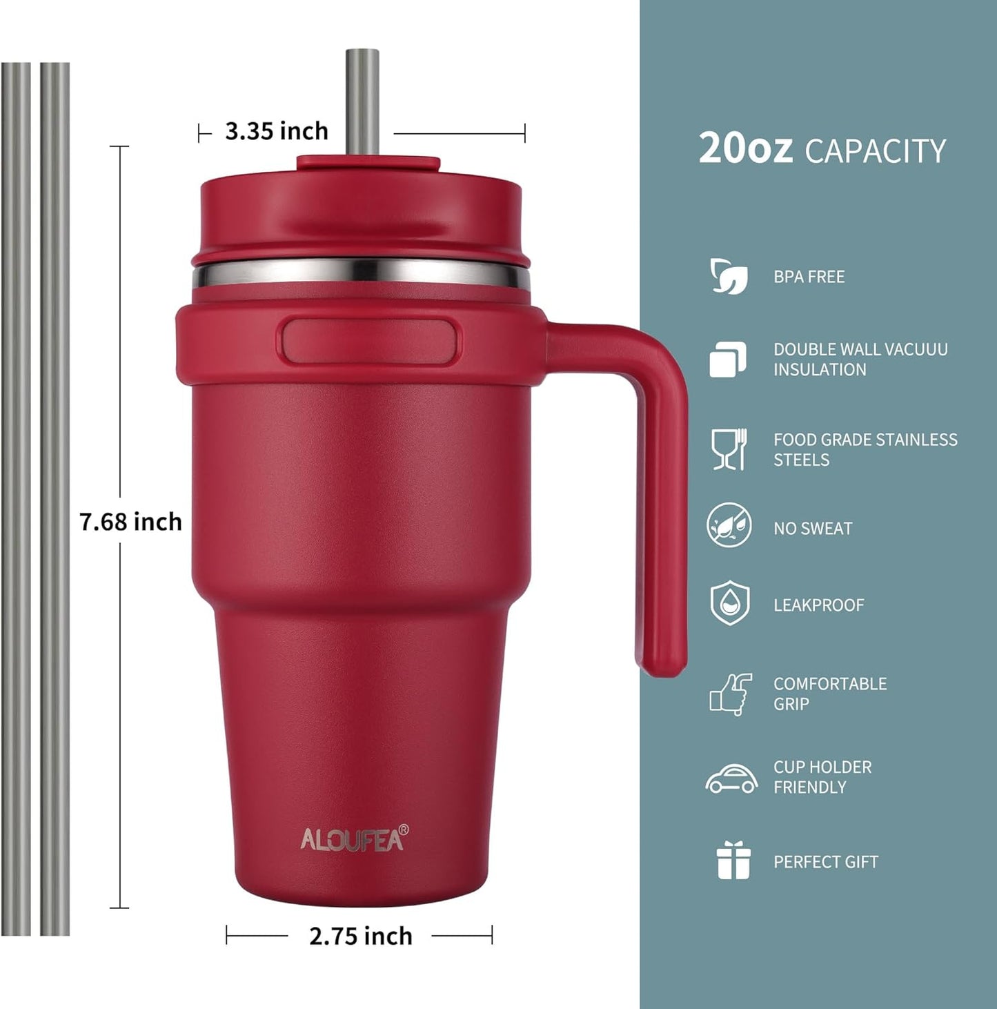 20 oz Insulated Coffee Mug Tumbler with Handle, Stainless Steel Travel Mug Tumbler with Lid and Straw,Double Wall Vacuum Leak Proof Ice Coffee Thermal Cup, Black