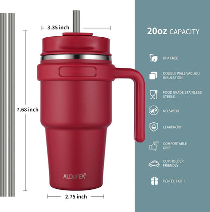 20 oz Insulated Coffee Mug Tumbler with Handle, Stainless Steel Travel Mug Tumbler with Lid and Straw,Double Wall Vacuum Leak Proof Ice Coffee Thermal Cup, Black