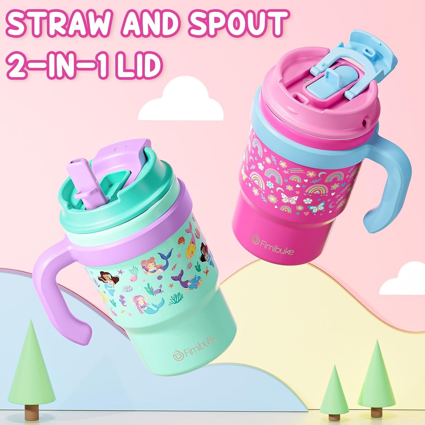 Fimibuke 16oz Kids Insulated Tumbler with Handle & Straws - 2 Pack BPA FREE 18/8 Stainless Steel Toddler Cups with Sip/Swig 2-in-1 Lids, Leak Proof Kid Drinking Cup Travel Mugs for Children Boys Girls
