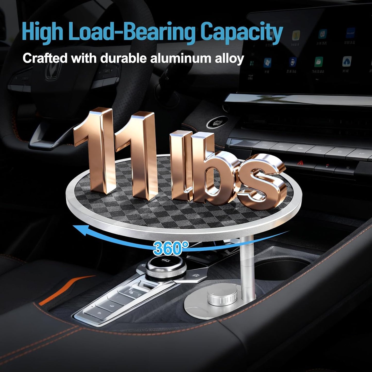 Car Tray Table & Car Desk for Laptop with 2 Risers and Anti-Slip Pad, 360° Rotating Cup Holder for Working and Eating Compatible with Tesla Model 3/Y/S, Ford F150/Explorer/Maverick & Most Vehicles/EV