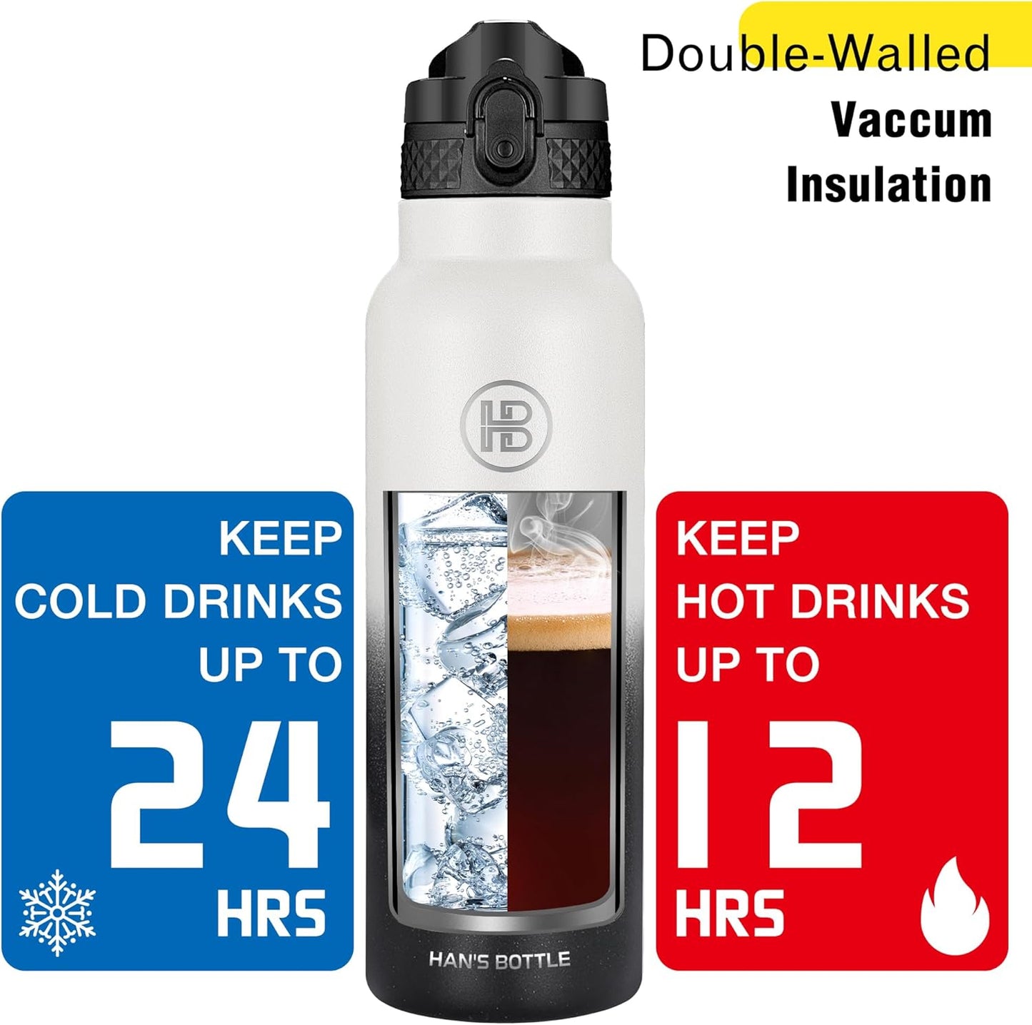 Han's Bottle Sports Water Bottle - 24 Oz, Straw Lid, Leak Proof, Vacuum Insulated Stainless Steel, Double Walled, Thermo Mug,Black