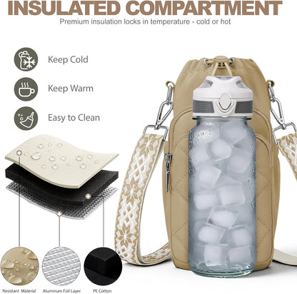 SYTRAH Water Bottle Bag Crossbody，Insulated Water Bottle Purse Crossbody Water Bottle Holder with Strap 40 oz