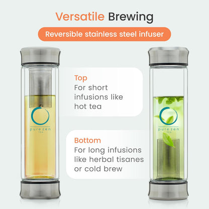 Pure Zen Tea Infuser Bottle - Double Wall Glass Travel Mug with Stainless Steel Filter - Leakproof Tea Tumbler with Infuser for Loose Leaf Infusions and Fruit Infused Water - Unique Gift Set - 13 oz