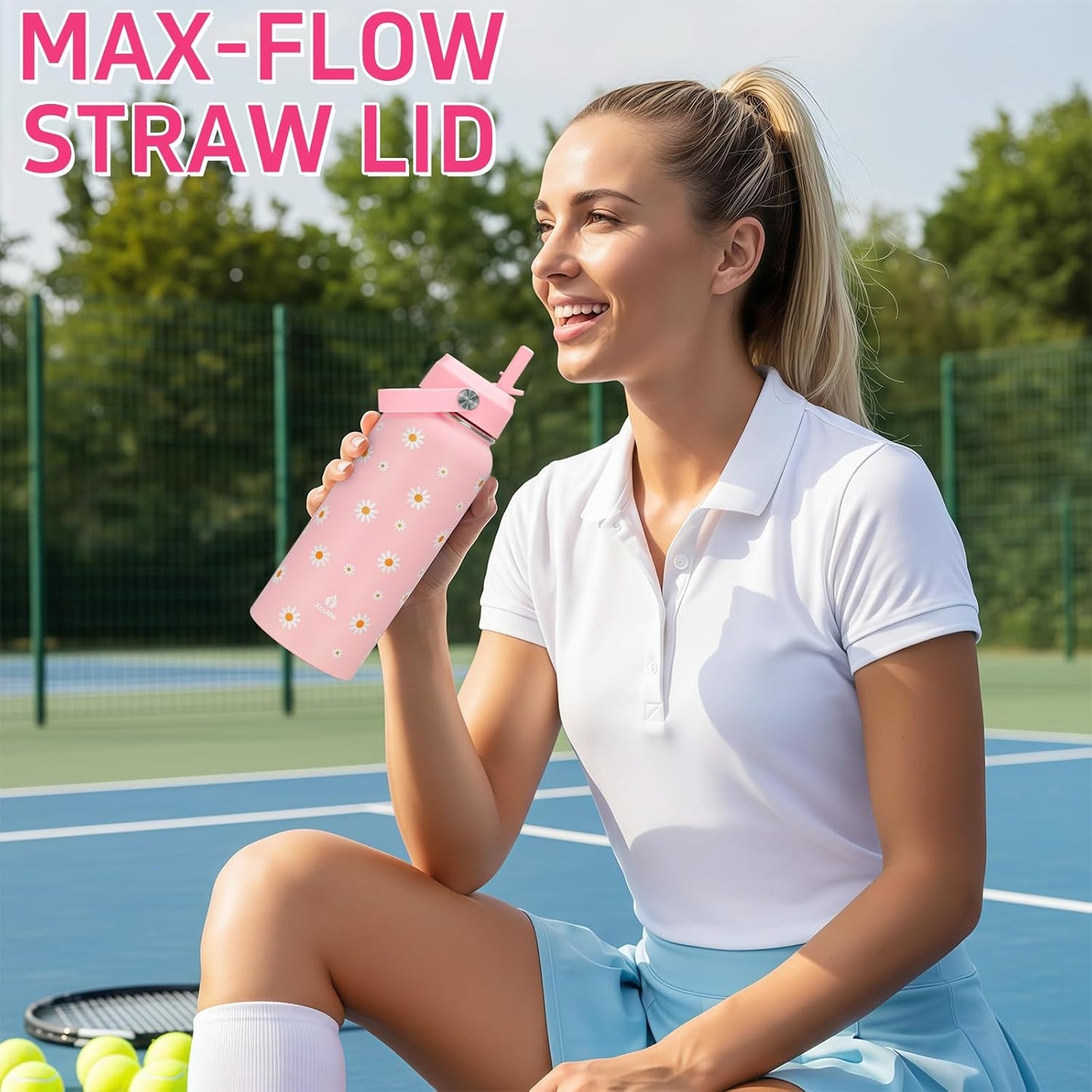 32oz Pickleball Insulated Water Bottle with Lid,Stainless Steel Water Bottl with Flip Straw and Handle,Gifts for Pickleball Players, Pickleball Lovers,Women Girls,Leak Proof Water Bottle