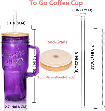 ANOTION Bamboo Mason Leakproof Mason Jar Cups with Lids and Straws, Cap Cup 24oz Glass Tumbler with Handle, Rotating Lid Silicone Straw, Reusable Iced Coffee Matcha Cup Coffee Gifts for Women 2pc