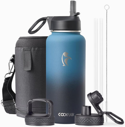 Half Gallon Water Bottle Insulated with Straw & 3 Lids, Coolflask 64 oz Water Jug Large Metal Stainless Steel Wide Mouth for Sports, Gym or Office, Non-BPA Keep Cold 48H Hot 24H, Samurai Cyan