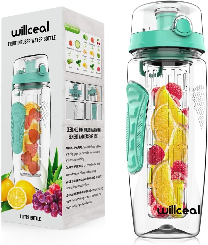Fruit Infuser Water Bottle 32oz- Durable, Large - BPA Free Tritan, Flip Lid, Leak Proof Design - Sports, Camping