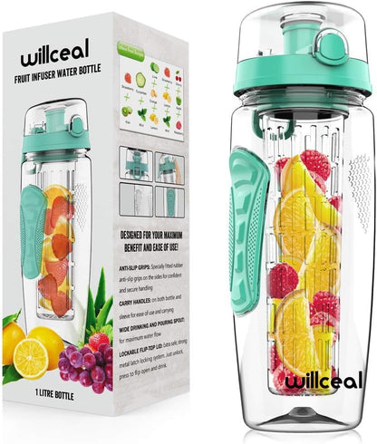 Fruit Infuser Water Bottle 32oz- Durable, Large - BPA Free Tritan, Flip Lid, Leak Proof Design - Sports, Camping