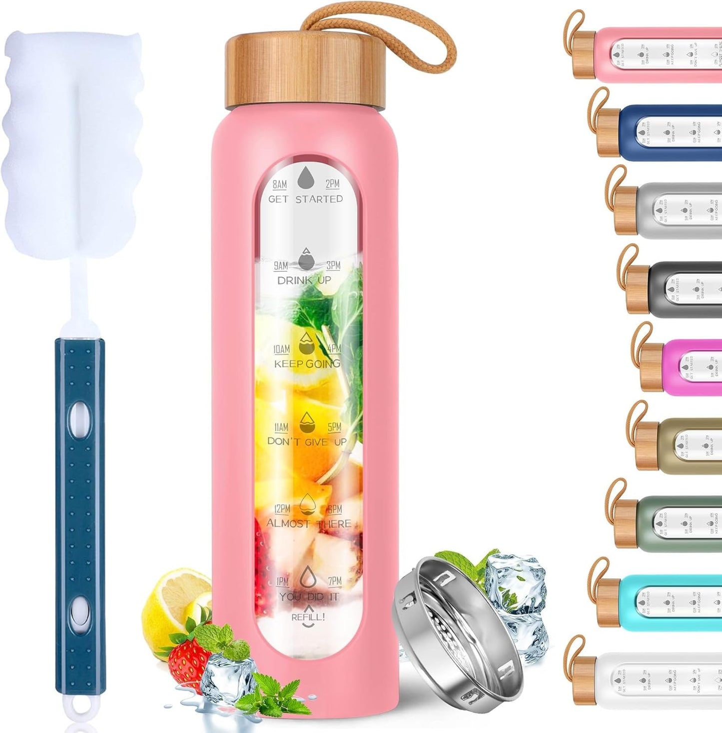 Aqulea Glass Water Bottles 25 Oz with Silicone Sleeve - BPA Free Reusable Wide Mouth Glass Motivational Water Bottles with Fruit Infuser – Leak Proof Borosilicate Water Bottle with Time Marker (White)