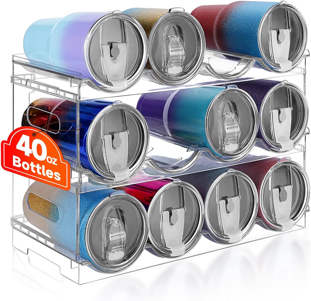 Large Compartment Water Bottle Organizer,4 Tier Stackable Water Bottle Rack for Cabinet,Tumbler Storage Organizer for Kitchen,Fridge,Cabinet Organization and Storage,Clear Water Bottle Storage Rack