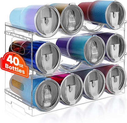 Large Compartment Water Bottle Organizer,4 Tier Stackable Water Bottle Rack for Cabinet,Tumbler Storage Organizer for Kitchen,Fridge,Cabinet Organization and Storage,Clear Water Bottle Storage Rack