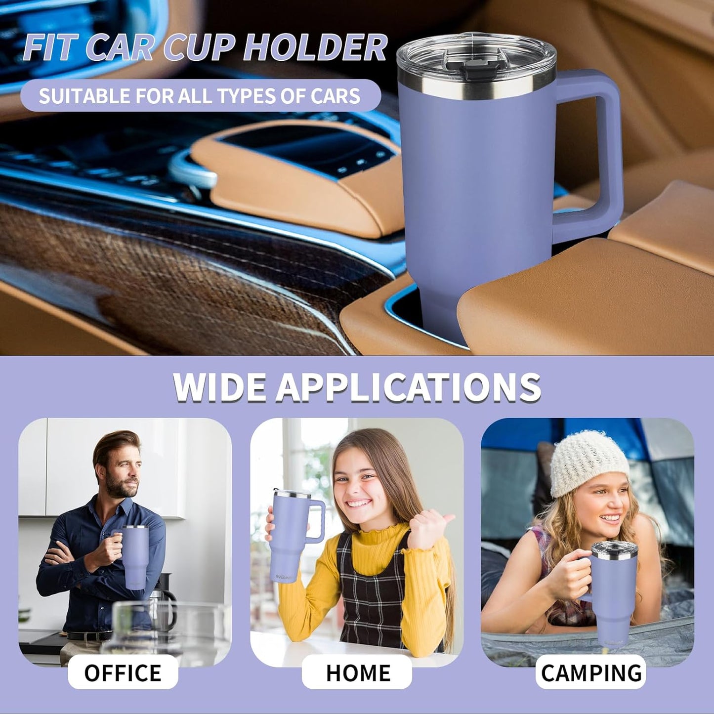 40 oz Tumbler with Handle, Insulated Tumbler with Lid and Straw, Reusable Stainless Steel Vacuum Insulated Cup, 100% Leak Proof Thermal Travel Coffee Mug Cup for Cold and Hot (Light Purple)