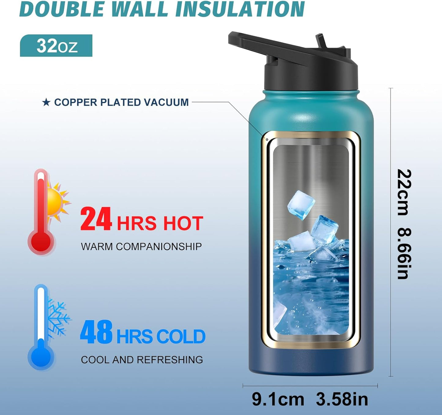 40oz Insulated Water Bottle (Cold for 48 Hrs),BPA Free&Leak Proof,Stainless Steel Water Flask,Water Jug with Straw Spout Lids for Gym,Hiking,Travel,Black Blue