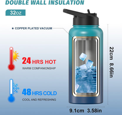 40oz Insulated Water Bottle (Cold for 48 Hrs),BPA Free&Leak Proof,Stainless Steel Water Flask,Water Jug with Straw Spout Lids for Gym,Hiking,Travel,Black Blue
