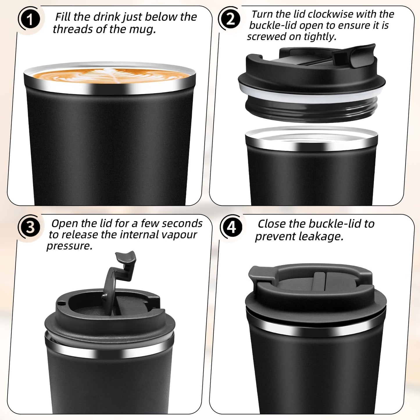 Insulated Travel Coffee Mug Reusable Coffee Tumbler Cup with Flip Lid Leak Proof Spill Proof for Office School Party Camping Hot and Cold Drink,Stainless Steel 17oz (Black)