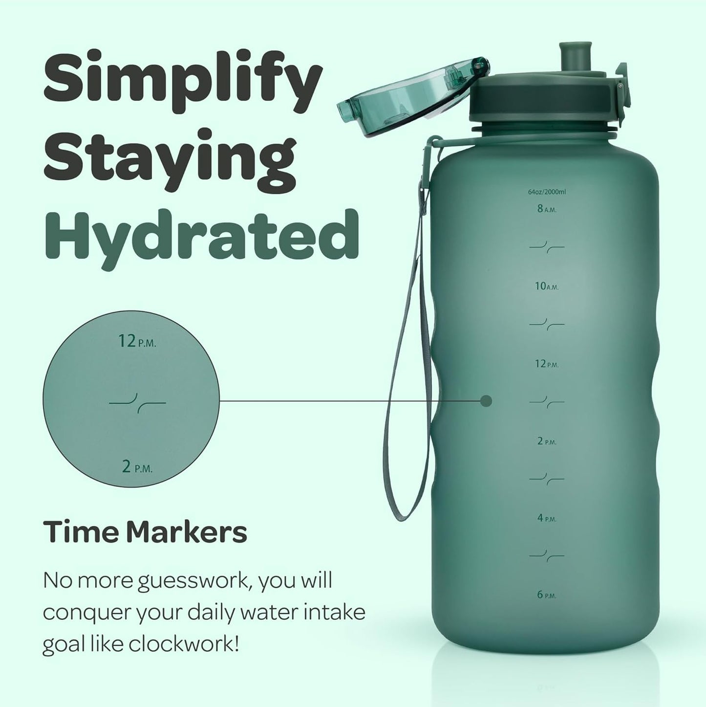 Hydracy Water Bottle with Time Marker -Large BPA Free Water Bottle & No Sweat Sleeve -Leak Proof Gym Bottle with Times to Drink - Ideal for Fitness Sports & Outdoors