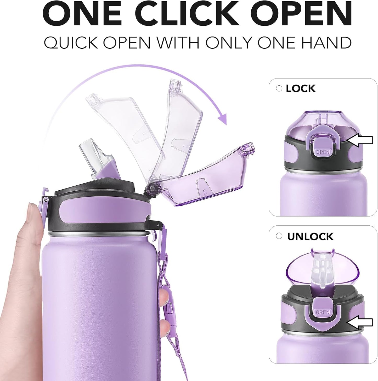 Enerbone 24 oz Insulated Water Bottle, Stainless Steel Bottle with Carrying Strap, Double-Wall Vacuum Insulation Design, Leakproof Sports Bottle with Straw, Keep Drinks Cold or Hot for Hours