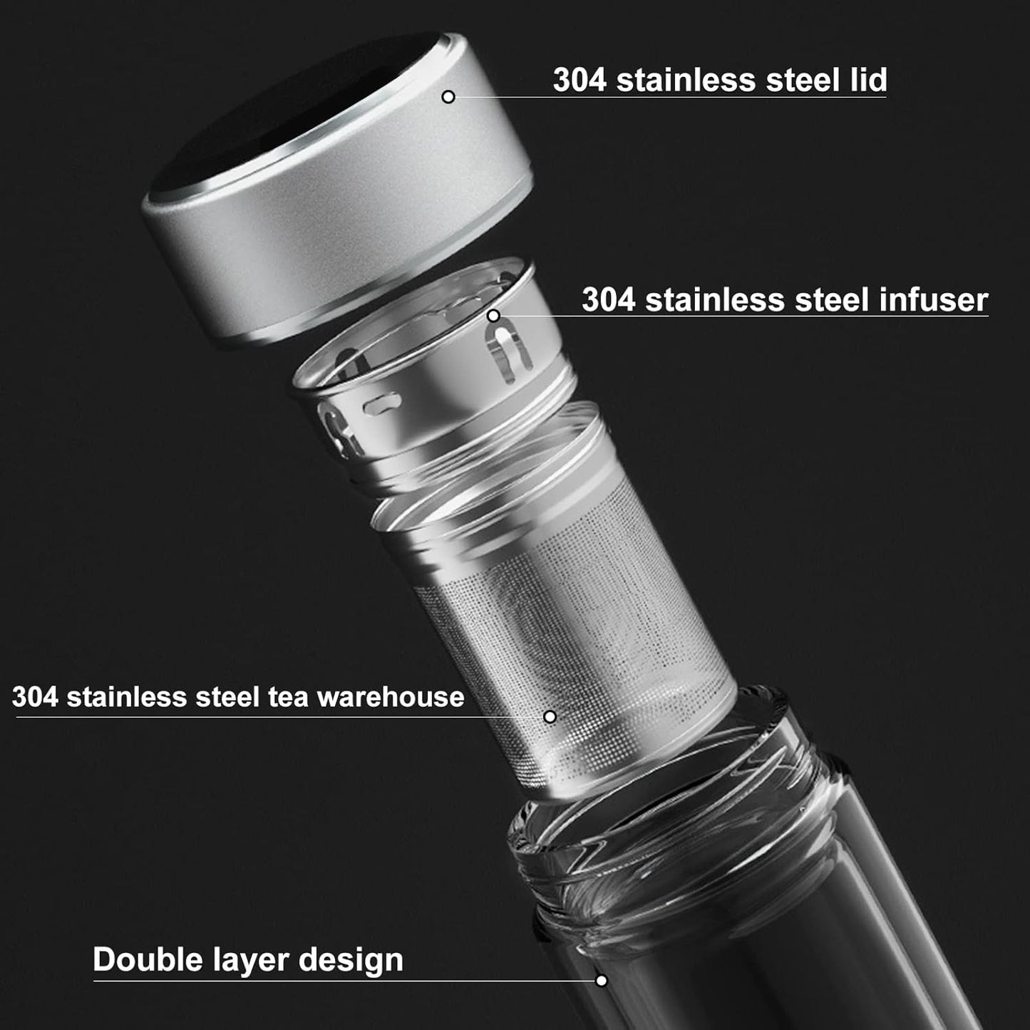 PARACITY Glass Tea Infuser Bottle Teas Flood Cup Double Wall Borosilicate Portable Travel Tumbler Mug Leakproof for Loose Leaf Flower Herbal Tea Bags 13 OZ/380ML (Silver)