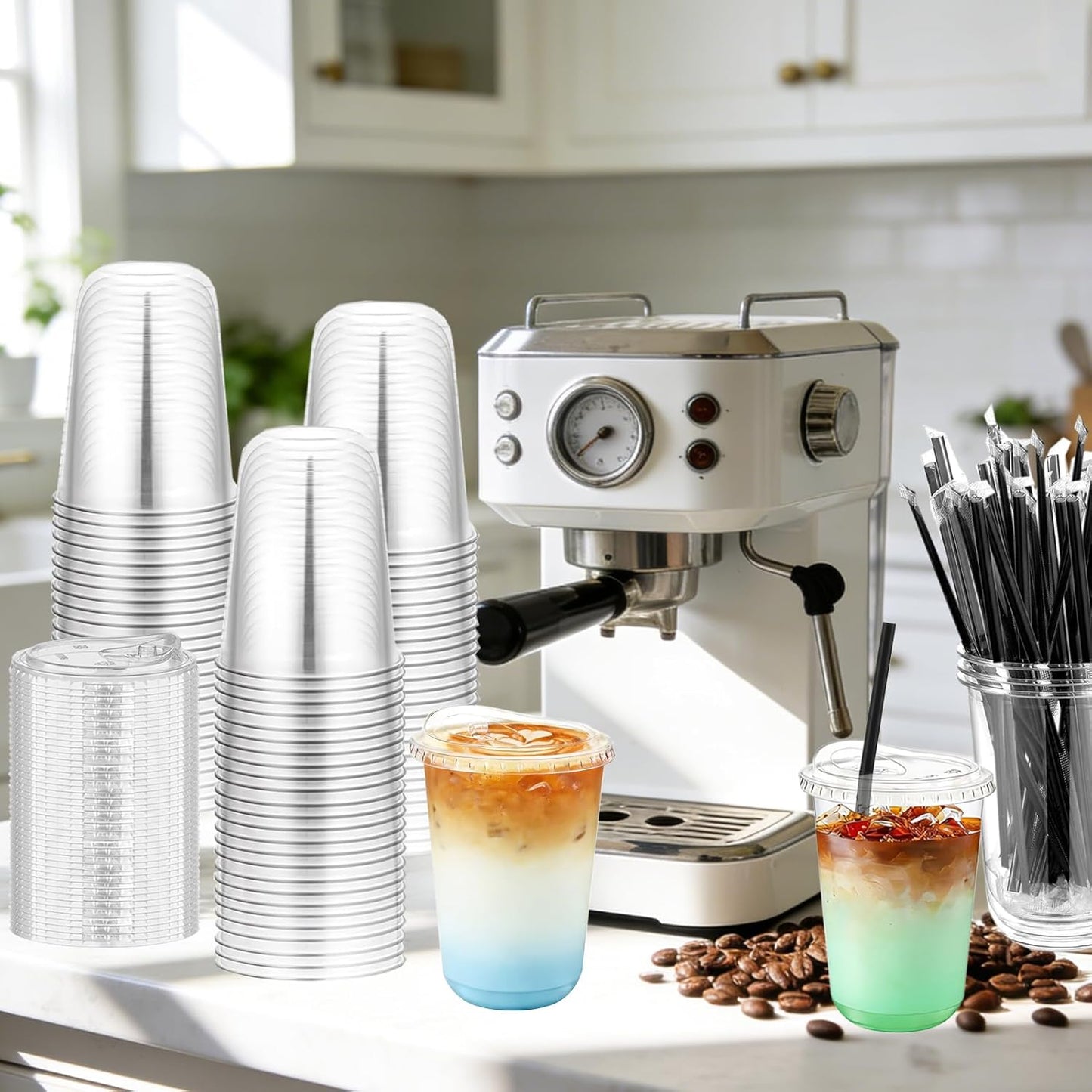 100 Set 16oz Clear Plastic Cups with Sip Lids and Straws,Disposable iced coffee cups with lids for Cold Drinks,Smoothies, Juices,Round Bottom To Go Coffee Cups for Party,Picnic (16, ounces)